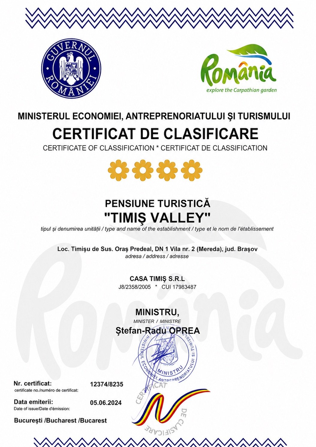 Certificat de Clasificare — 4 daisies, Ministerul Economiei, Antreprenoriatului și Turismului